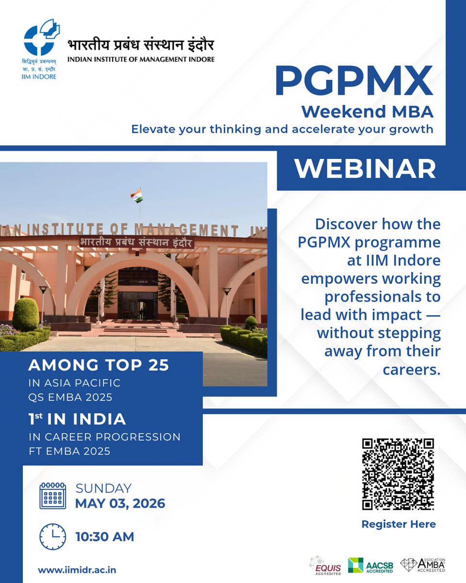 IIM_I's tweet image. #Webinar | Join us for an Information Webinar about our #WeekendMBA, the PGPMX, and discover how this programme can help you grow into a more strategic and impactful leader.
Date: Sunday, 03 May 2026
Time: 10:30 AM
🔗 Register here: iimidr.ac.in/?p=7035

@askhimanshurai #IIMI