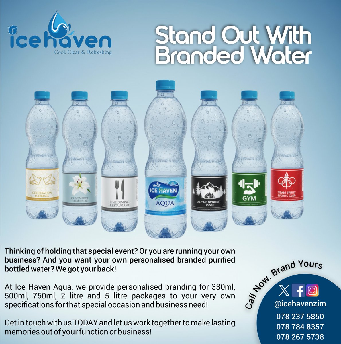 icehavenzim's tweet image. Your brand deserves to be seen and remembered.
With Ice Haven Aqua’s personalised branded water, you’ll make a lasting impact at every event.

From 330ml to 5L bottles, we tailor to your needs.
Call today and let’s bring your vision to life!

#icehavenzim
#BrandAwareness
