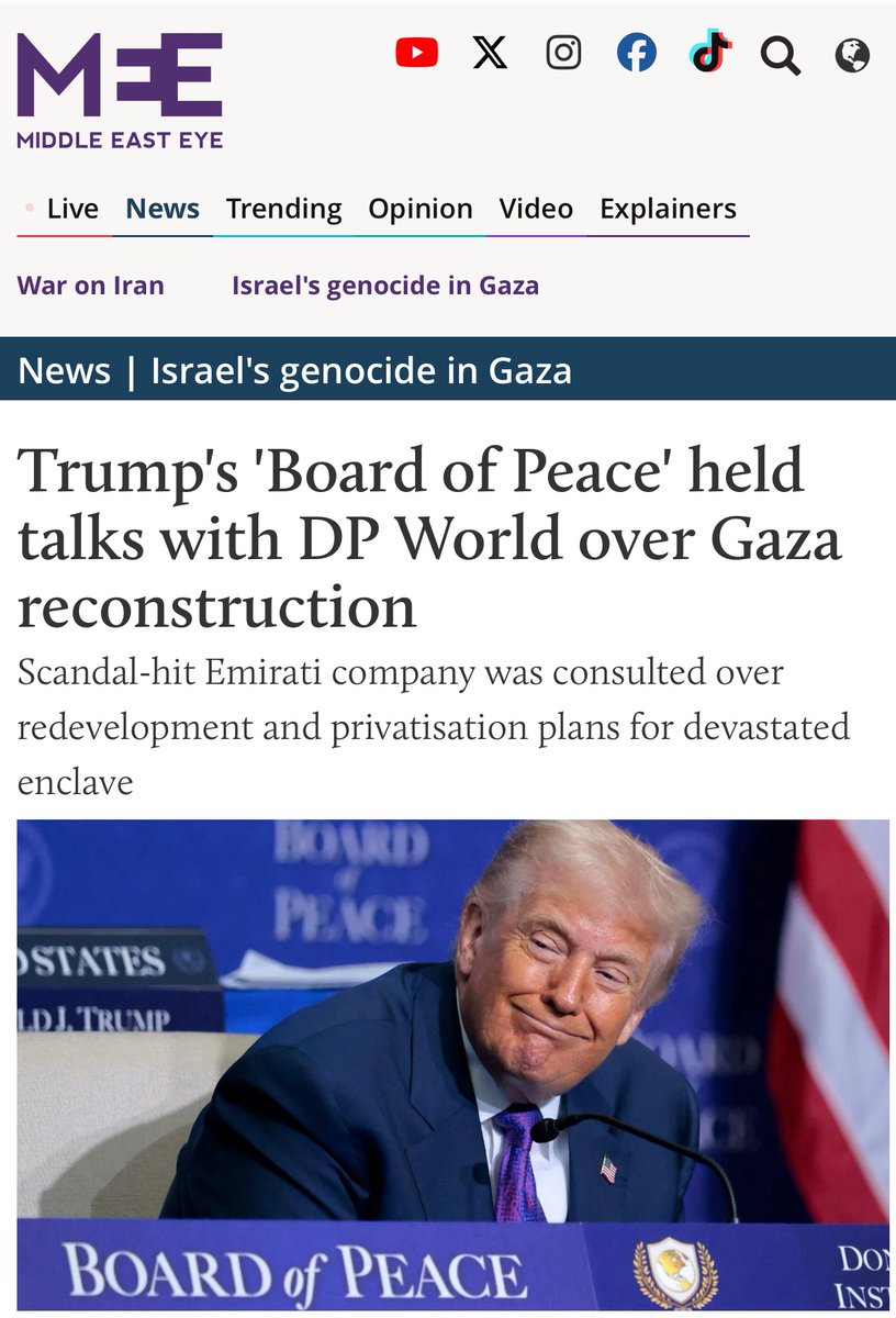 AainaSaaf's tweet photo. Trump’s Board of Peace holds Gaza reconstruction talks with UAE’s DP World.

DP World’s chairman was Epstein’s close friend. 

DP World previously donated $1 million to the Pakistan Army Fund.

Fakhr-e-Alam has been serving as Vice Chairman for DP World Pakistan. https://t.co/VBDrf2XjmB