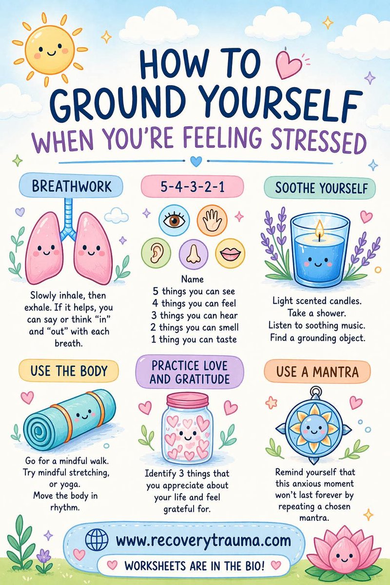 TheMaslowFound's tweet image. Friday focus:

Grounding yourself when you'refeeling stressed...

#FridayFeeling #selfcare #Wellbeing #wellness #mentalhealth #mentalwellness #FridayVibes #FridayThoughts #healthylifestyle