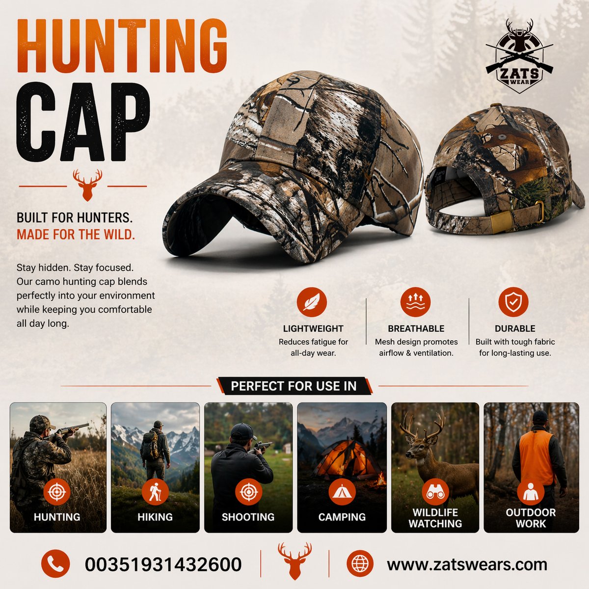 ZatsWear's tweet image. Stay hidden. Stay ready. 🧢

Camo Hunting Cap 🌲
✔️ Lightweight
✔️ Breathable
✔️ Durable
📞 +00351931432600
#Hunting #OutdoorGear #Camo