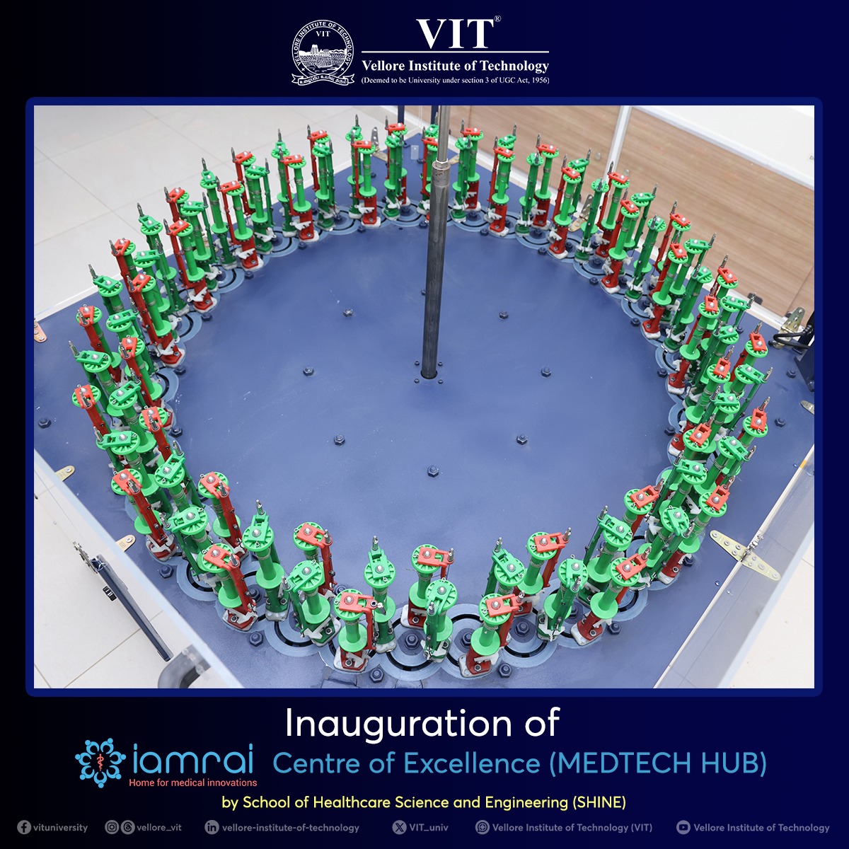 VIT_univ's tweet photo. We are proud to celebrate the successful inauguration of the IAMRAI Center of Excellence (MedTech Hub) by the School of Health Sciences and Engineering (SHINE), VIT Vellore. 
#VITVellore #IAMRAI #IndigenousTechnology #BiomedicalEngineering #VelloreInstituteofTechnology https://t.co/Dh8ZfA1uKo