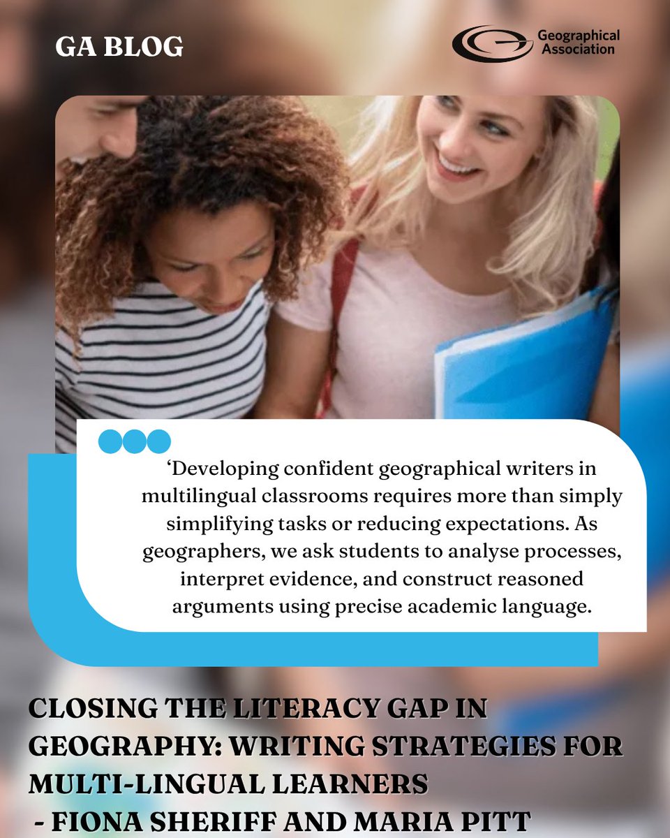 The_GA's tweet photo. The latest article on GABlog by Fiona Sheriff and Maria Pitt shares practical strategies to support multilingual learners with geography writing in the classroom.

It focuses on closing the literacy gap by developing subject specific vocabulary and helping pupils express geographical understanding with confidence.

Read it for free here: https://t.co/wg2DDFcw28