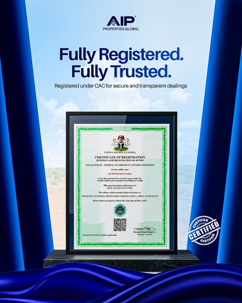 aipproperties's tweet image. Fully registered, fully trusted your peace of mind starts here.✅

At AIP Properties Global, transparency and security are not promises, they’re standards.

Invest smart, invest safe, and build your future with a brand you can trust. 🏡✨

#realtor #viral #aippropertiesglobal