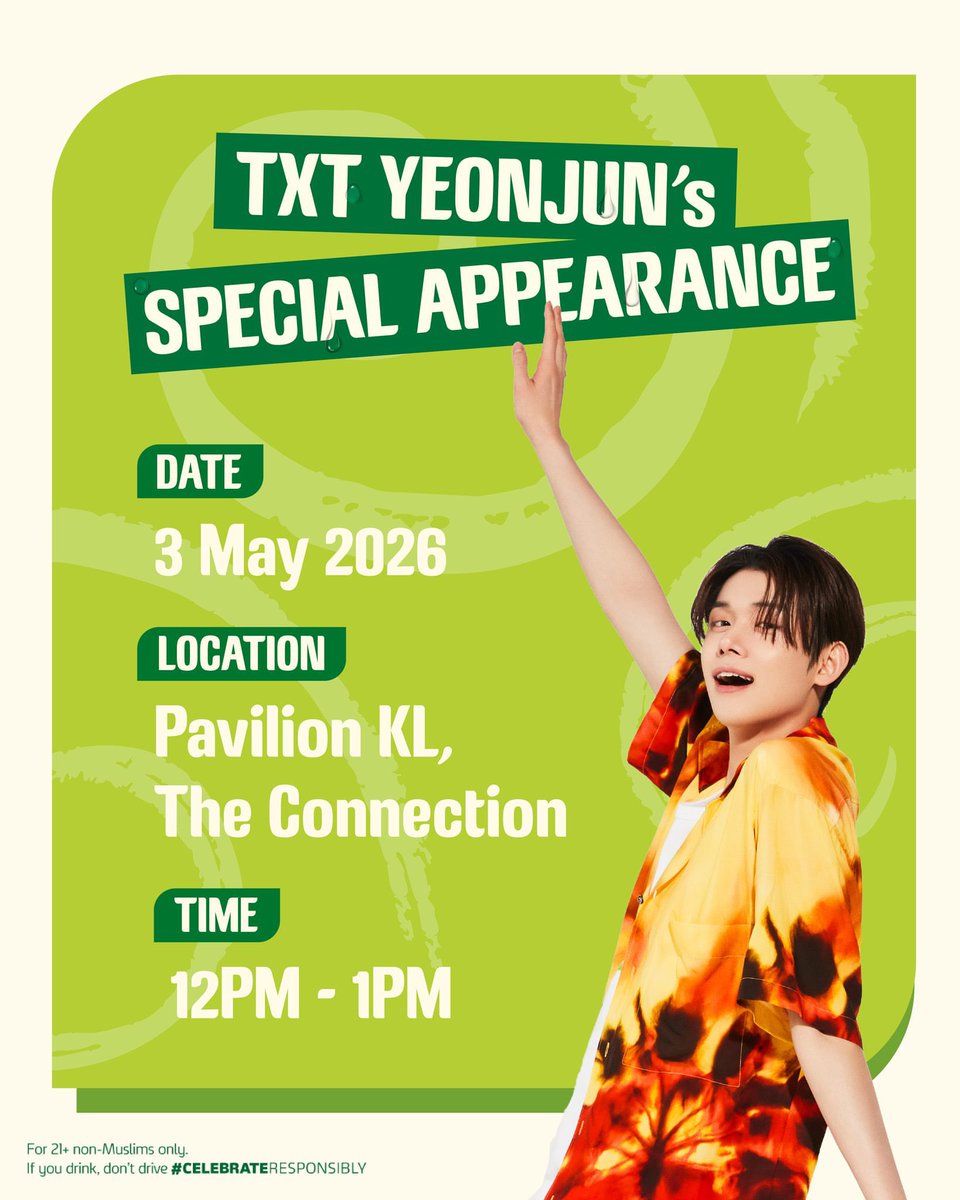 TXTChartData's tweet photo. YEONJUN is set to make an appearance at the Somersby Light Pop-Up event on May 3 from 12 PM to 1 PM at The Connection, Pavilion KL. https://t.co/xGtCvae4He