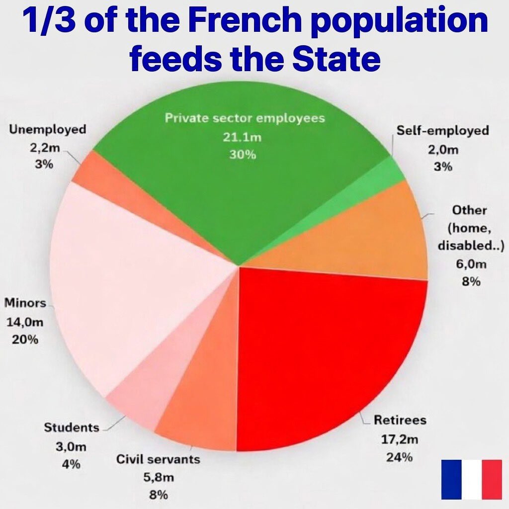 That’s wild. Only 1/3 of French jobs are in the private sector. How are they supposed to feed the other 2/3?

This explains the obscene French tax burden on labor. It will create a big incentive to replace these expensive jobs with AI going forward.

Are you ready France?