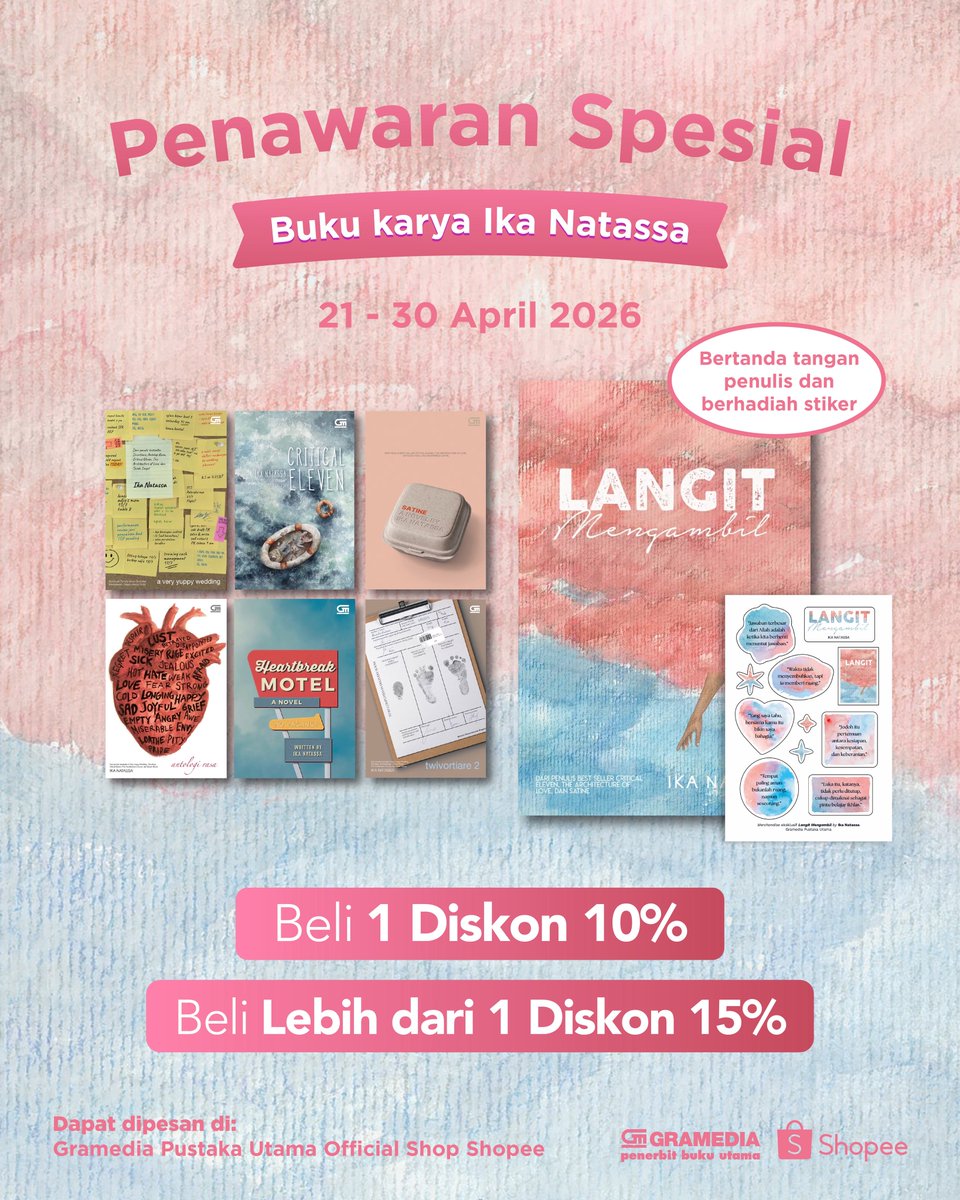 bukugpu's tweet photo. Finally! β¨βοΈ Penawaran spesial buku-buku @ikanatassa untuk kita semua! Beli 1 diskon 10%, beli lebih dari 1 diskon 15% π ini waktunya, melengkapi novel Kak Ika yang belum kamu punya. π₯° Hanya di ππ»https://t.co/3uRToQehjR
#bukugpu #fiksigpu #IkaNatassa https://t.co/dcqXRQtJnA