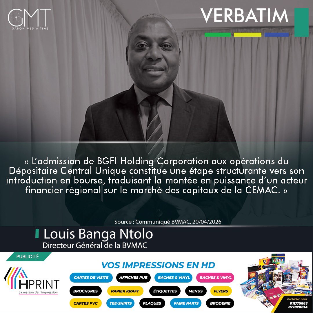 gabonmediatime's tweet image. [#Verbatim] Louis Banga Ntolo : « L’admission de BGFI Holding Corporation aux opérations du Dépositaire Central Unique constitue une étape structurante vers son introduction en bourse »

𝐂𝐨𝐧𝐭𝐚𝐜𝐭𝐞𝐳 𝐥𝐚 𝐫𝐞́𝐝𝐚𝐜𝐭𝐢𝐨𝐧 

📲
066441717  
📞 
011775663

#GMT
#Gabon