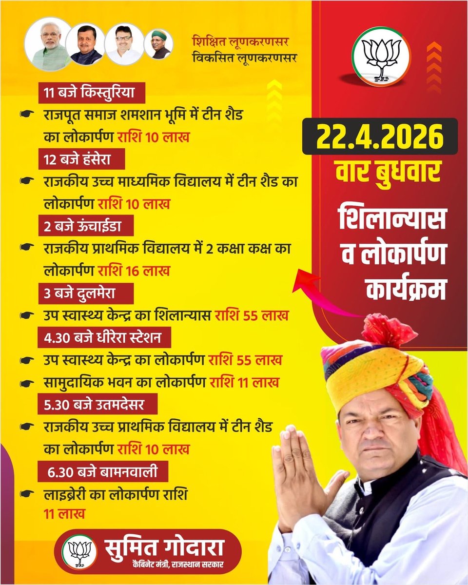 Sumit_Godara11's tweet image. कल बुधवार 22 अप्रैल को आप सब आमंत्रित हैं।
#education #hospital #health #hall #bjp #amritkaal @BJP4Rajasthan @BJP4India @BhajanlalBjp @madanrrathore @NitinNabin @GajendraKhimsar @ombirlakota