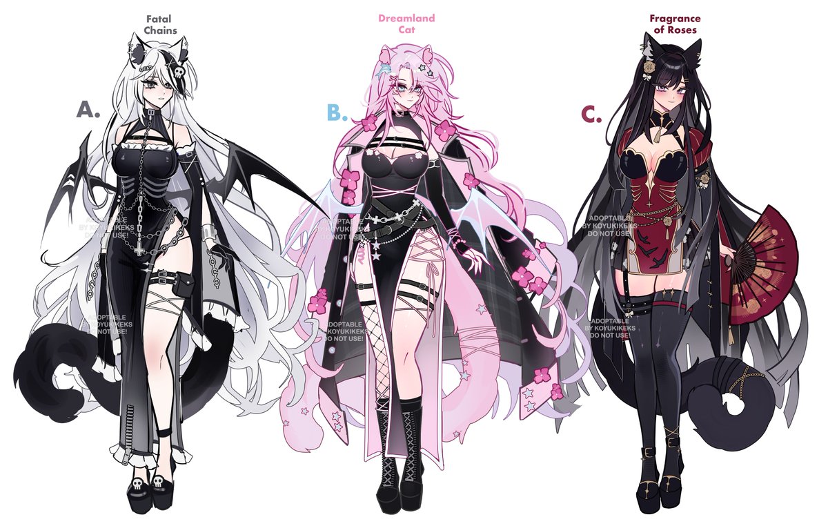 Sketch ADOPTABLES / Character Designs - "Fatal Chains" ⛓️ "Dreamland Cat" 💤 "Fragrance of Roses" 💨

          へ   ♡   ╱|、
     ૮  -   ՛ )      (`   -  7
       /   ⁻  ៸|       |、⁻〵
 乀 (ˍ, ل ل      じしˍ,)ノ

Commercial use included! | Set Price ~
More info below 𑄝