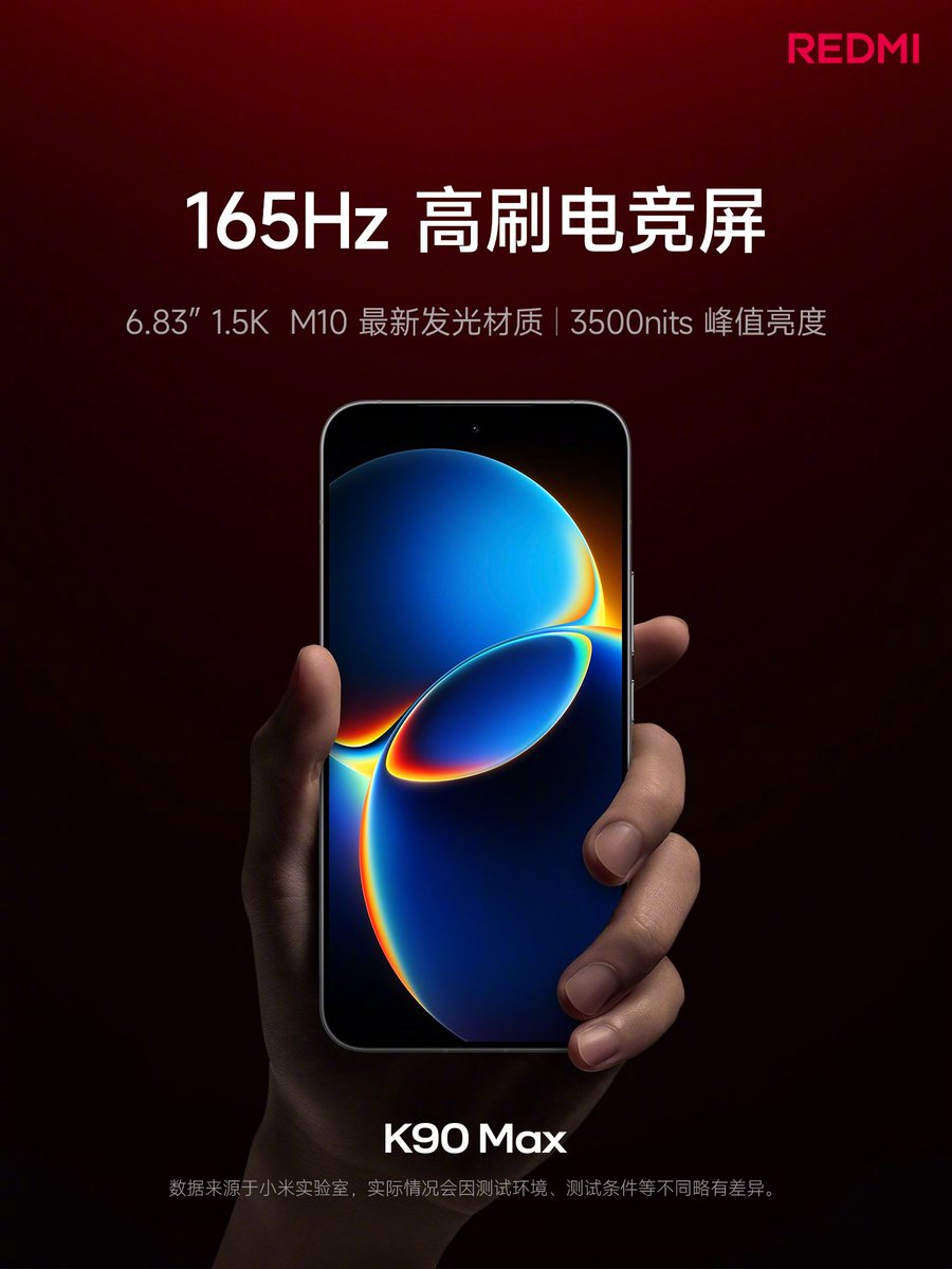 TechHome100's tweet image. REDMI K90 Max 
▫️ 6.83" TCL M10 165Hz LTPS Flat Screen 
▫️ 3500nits Peak Brightness 
▫️ 165FPS Gameplay 
▫️ IP69/68/66
▫️ IPX9/X8 (Fan)
#REDMI #REDMIK90Max