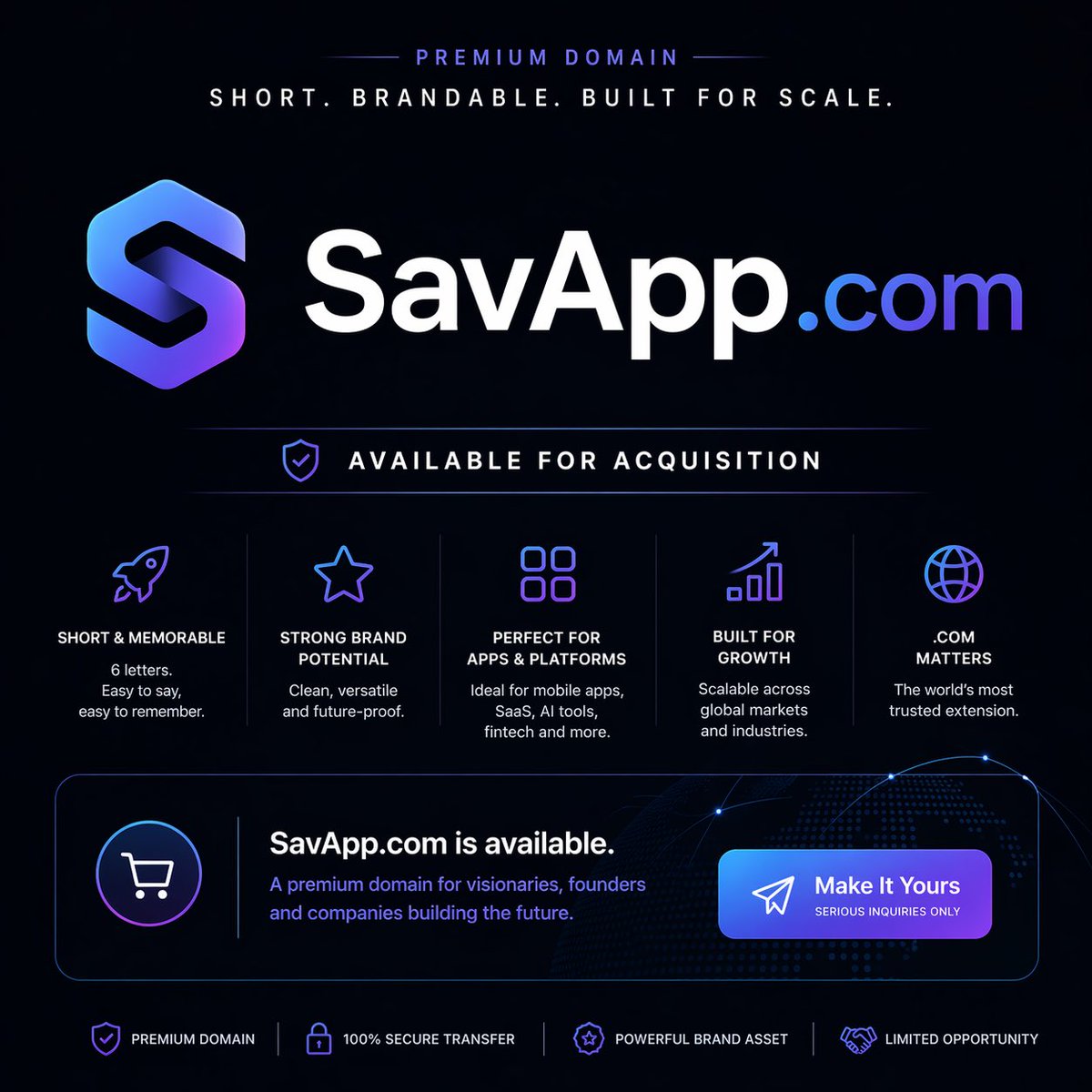 MH2025_Official's tweet image. SavApp.com

A clean, scalable brand for:
• finance apps
• AI tools
• productivity platforms

Short. Memorable. Built for scale.

#Startup #SaaS #AI #Apps #Tech #Branding #DomainNames #Startups #Founders #VC #Investors #TechStartups #AppDevelopment #BuildInPublic