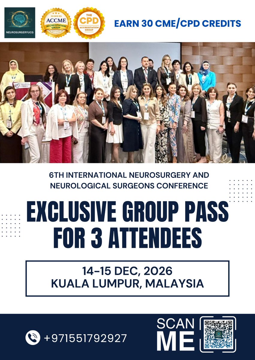 ThomasD27287's tweet image. We are pleased to welcome institutions, departments, and professional groups to participate through Group Registration at the 6th International #Neurosurgery &amp;amp; #Neurological Surgeons Conference, from Dec 14–15, 2026, in Malaysia.

Register Now: …urosurgery.utilitarianconferences.com/registration