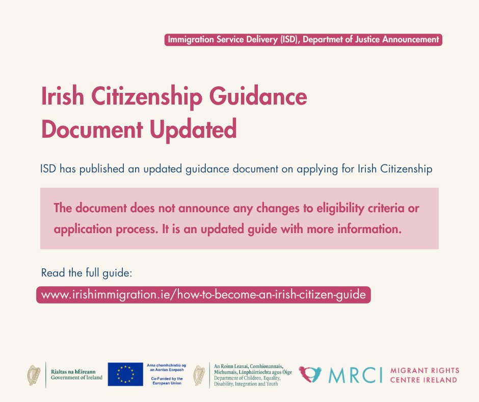 MigrantRightsIr's tweet photo. 📋 ISD has published an updated guidance document on applying for Irish citizenship.
👉 Read the full guide: https://t.co/lD5P3BVn0C
#IrishCitizenship #CitizenshipGuide #MigrantWorkers #Ireland #MRCI https://t.co/JJJDwehbig