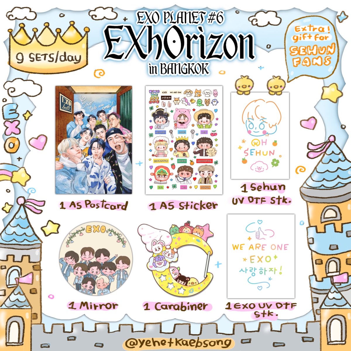 Pls kindly retweetʕ•ᴥ•ʔ
🤍#EXhOrizon_in_Bangkok Giveaway🤍  

9 sets/day:  
• A5 EXO postcard  
• A5 EXO sticker  
• EXO carabiner  
• EXO UV DTF sticker  

🎁🐣Sehun fans bonus🐣🎁  
• +1 Sehun UV DTF sticker  

🗓️16–17 May 2026  
⏰TBA  
📍IMPACT Arena

🚨FOR OT9 ONLY🚨