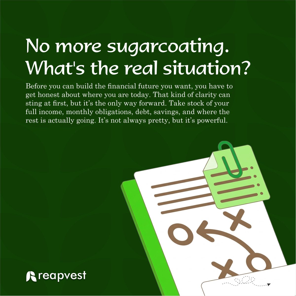 reapvest's tweet image. New goals.
But this time… let us do it differently.

No guessing.
No “I’ll figure it out later.”
No sugarcoating your reality.

Because you can not build a strong financial future on unclear foundations.

It starts with honesty... 

#BuildYourFuture #NoMoreExcuses