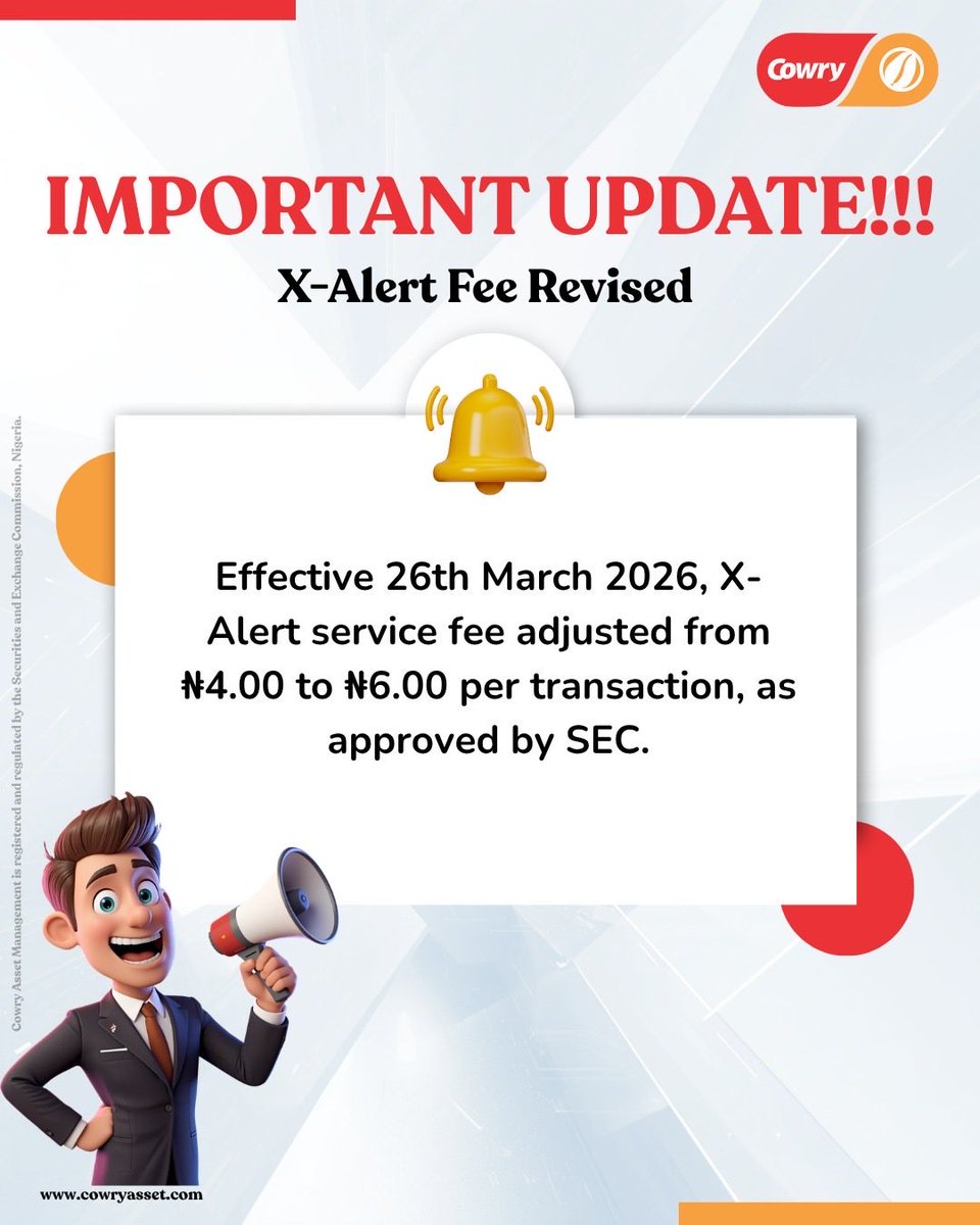 CowryAssetMgt's tweet image. While you keep investing, stay informed.

#ClientUpdate #XAlert #CowryAsset #SECApproved #InvestorNotice