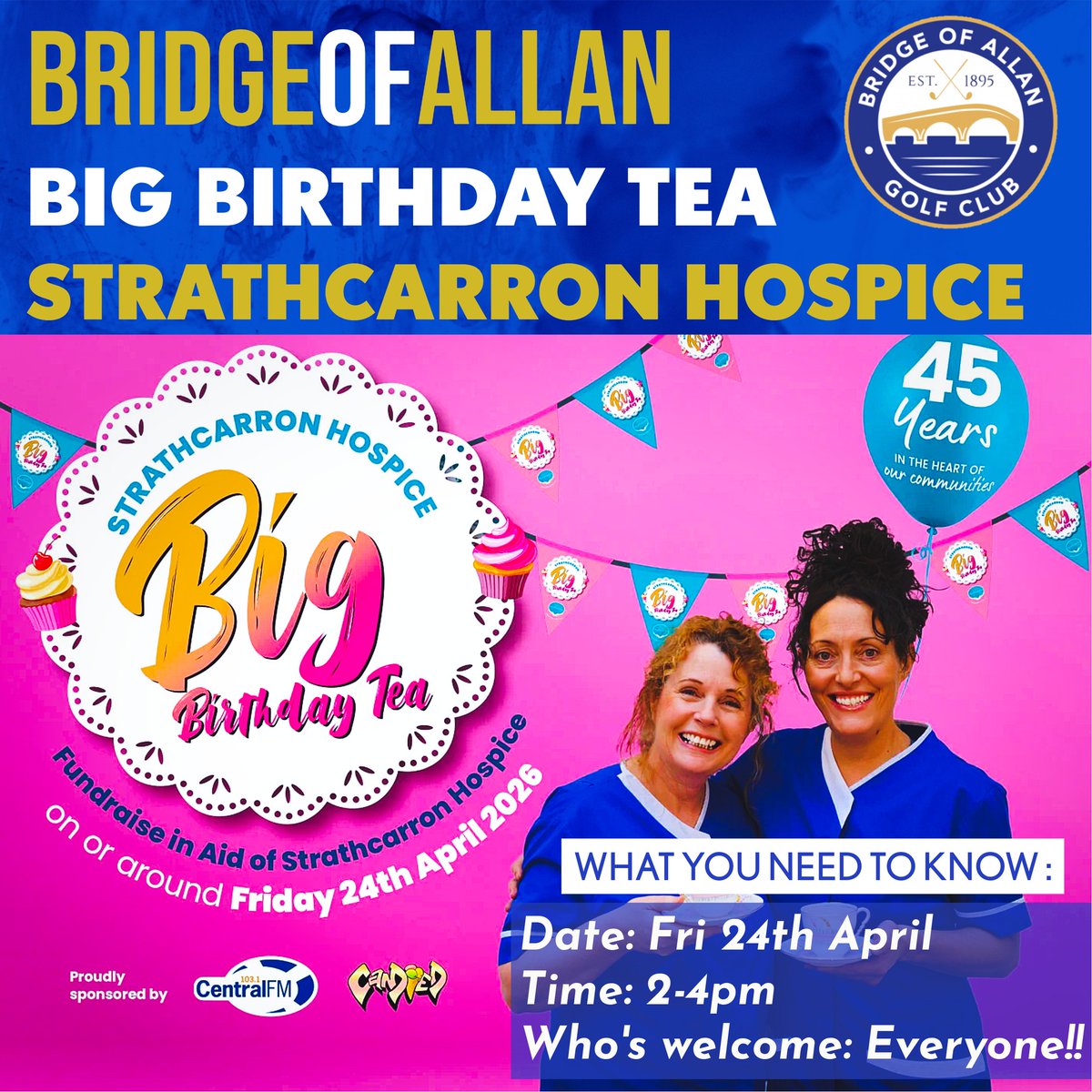 BridgeofAllanGC's tweet photo. 🏥Strathcarron Hospice BIG BIRTHDAY TEA 🏥

IT'S THIS FRIDAY!!!!

📅Fri 24th April 2026
⌚2pm
📍Bridge of Allan Golf Club 

Bring yourselves and a wee bit cash and come and help raise funds for this worthy cause.

Everyone is welcome! https://t.co/yyNuKkjwUv