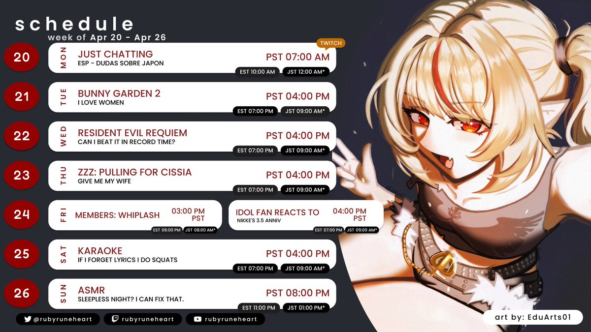rubyruneheart's tweet photo. SCHEDULE 04.20〜04.26

General: #RubyRuneheart
Live: #rubyNOW
Art: #rubyllust
Q&amp;A: #rubyHELP  
Memes: #memeruby
Clips: #rubylips https://t.co/jNunvhdTWd