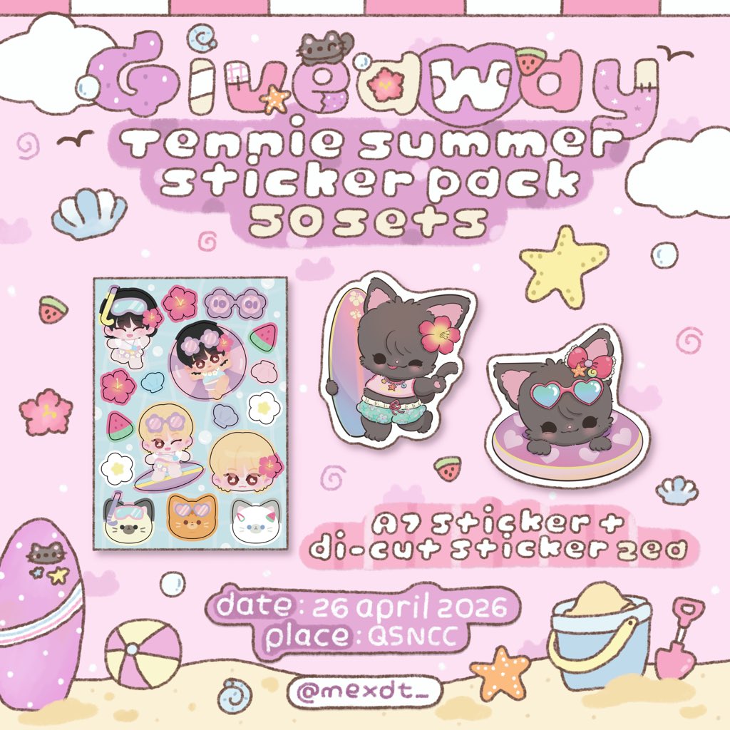 ☆⌒(ゝ。∂) 🌺🐬☀️

giveaway tennie summer sticker pack! ⛱️

❀˖° date : 26/04 time : tba
❀˖° place : qsncc

 𓇼 
      𓇼  rules : retweet &amp; show this tweet <3

#KPOPMasterzinBKK2026 #KPOPMasterzinBKK2026xTEN
