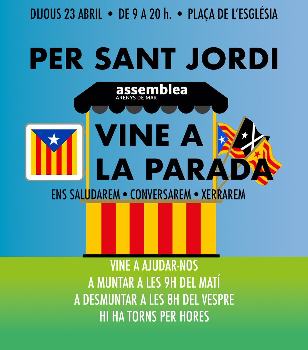 Aquesta diada de Sant Jordi estarem a la plaça de l'església d'Arenys de Mar.
Vine a saludar-nos.
Tindrem llibres nous i de segona mà. Punts de llibre molt originals, globus pel més xics.
NECESSITEM Ajuda. Sobretot a les 9h del matí a muntar i a les 20h a desmuntar.

Bona diada!