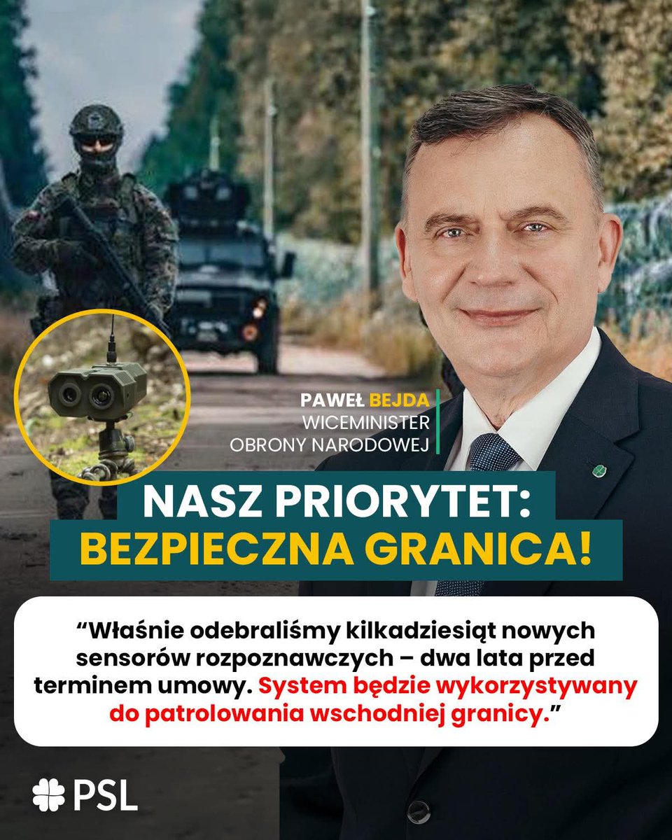 nowePSL's tweet image. BEZPIECZNA GRANICA TO NASZ OBOWIĄZEK 💪🇵🇱 NOWE SENSORY NA WSCHODNIĄ GRANICĘ 🇵🇱

✅ To jest konkret, nie gadanie. Odebraliśmy kilkadziesiąt sensorów rozpoznawczych dla patroli #WojskoPolskie. I uwaga: dostawa przyszła 2 lata przed terminem z umowy na 219 kompletów.

Sprzęt działa
