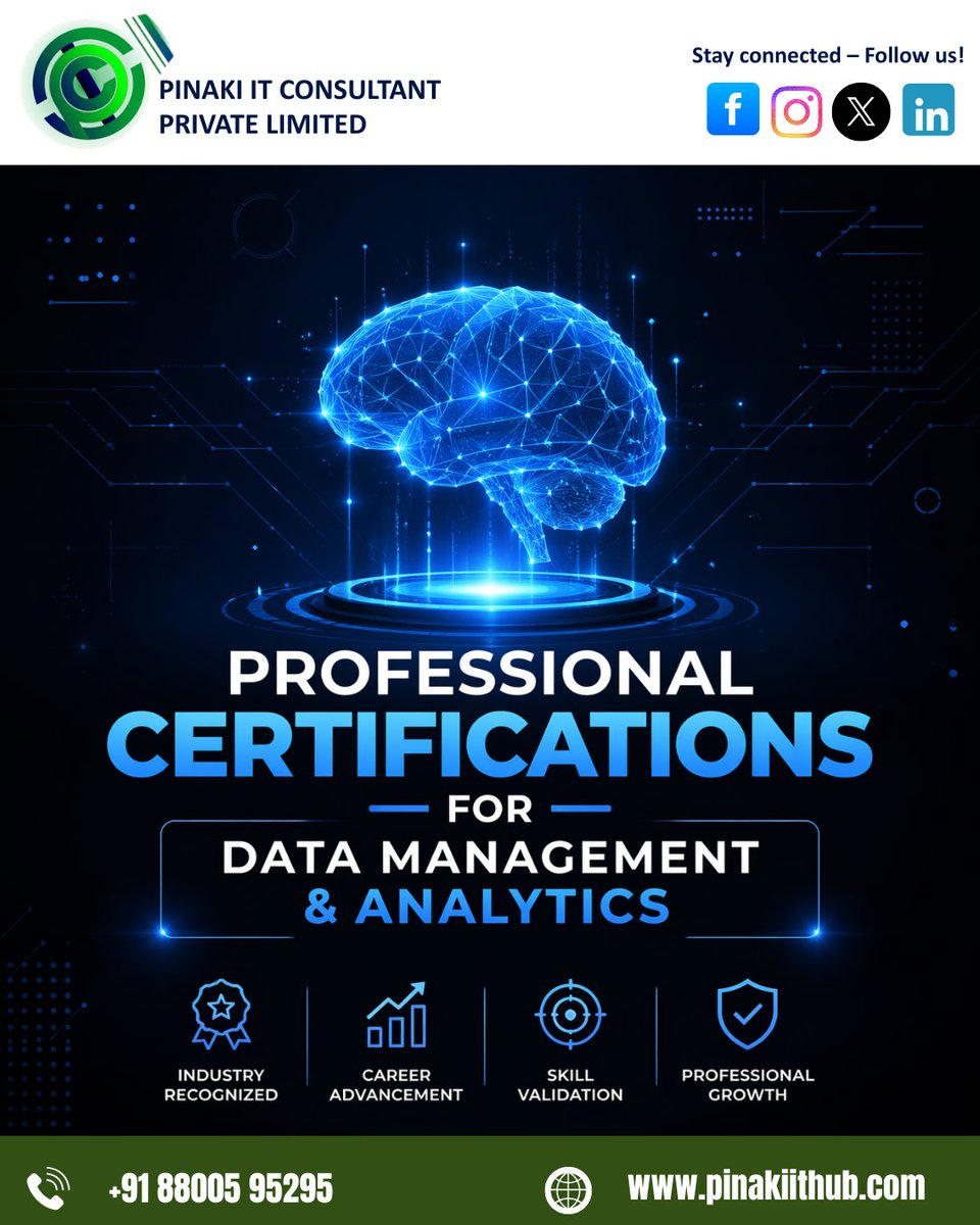 Pinakiithub's tweet image. Boost your career with top data certifications like CDMP, Microsoft Data Analyst, and Google Data Analytics.

📞 Call us: +91 88005 95295
🌐 Visit: pinakiithub.com

#DataAnalytics #DataScience #DataCareer #DataCertification 

[data certifications, data analytics course]