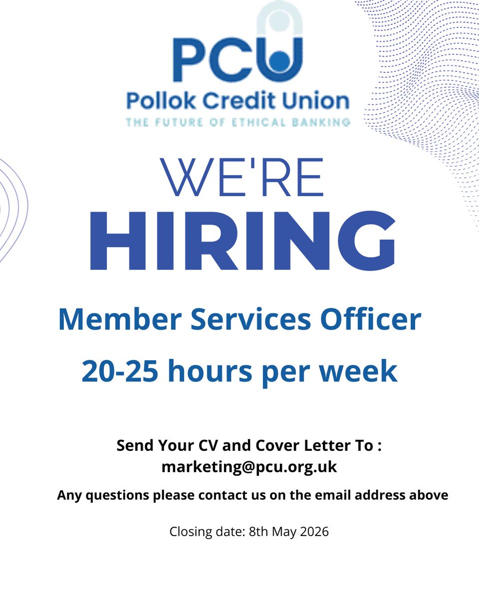 PollokCU's tweet photo. We’re looking for a new addition to join our friendly team here at PCU ☺️! https://t.co/aXygOXUfmz