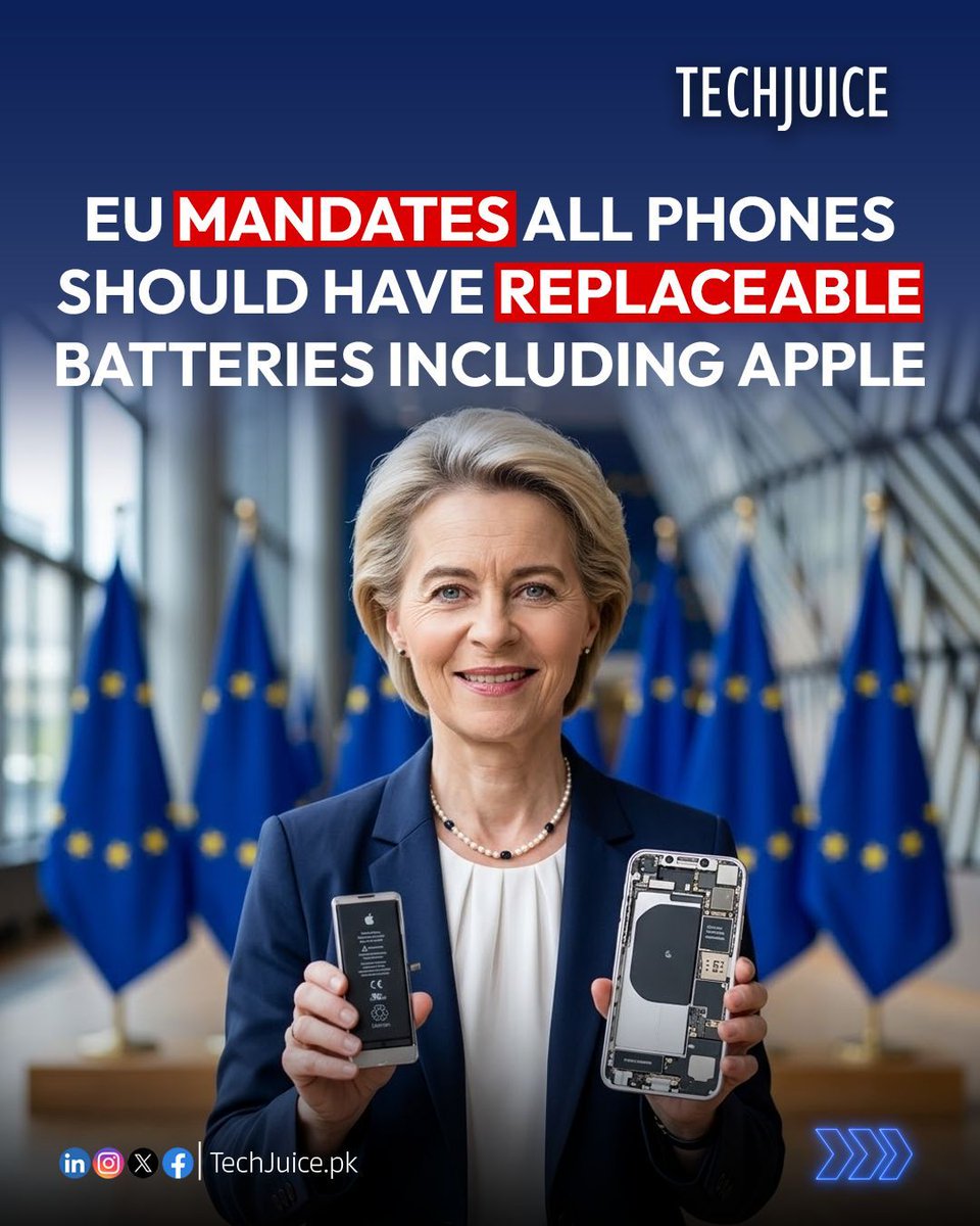 TechJuicePk's tweet image. EU forces change in smartphone design.
The European Union has mandated that all smartphones must feature replaceable batteries, pushing companies like Apple Inc. and Samsung Electronics to rethink device design for better sustainability and repairability.

#techjuice #smartphones