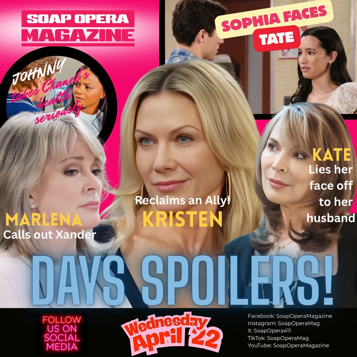 SoapOpera411's tweet photo. #KristenDiMera Is Reclaiming an Ally, #KateRoberts Is Lying Through Her Teeth, and #MarlenaEvans Is Coming for Xander!
Sophia is about to come face-to-face with Tate and it is NOT going to be pretty. Johnny is finally taking Chanel's health seriously. Salem is cracked wide open this Wednesday. #DAYS #DOOL #DAYSSpoilers #DaysofOurLives #DaysofOurLivesSpoilers #DOOLSpoilers
