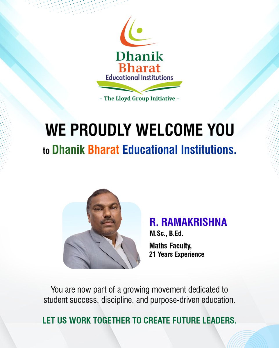 dhanikbharatjr's tweet image. 👨‍🏫 Welcoming Mr. R. Ramakrishna

📐 Maths Faculty | 21+ Years Experience  

Strong concepts. Strong future 💯

#DhanikBharat #Maths #Education #Students