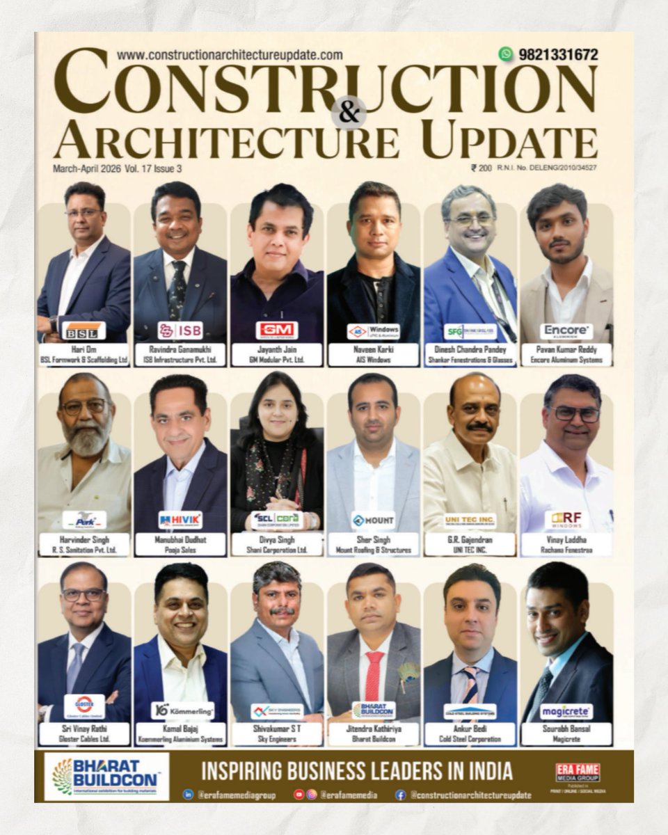 sclcora's tweet image. SCL Cora is featured in Construction &amp;amp; Architecture Update Magazine — March-April 2026! 🏆
Proud to be recognized among India's top business leaders in construction. 💪🇮🇳
Designed to Impress. Built to Last. @divya_scl 
#SCLCora #uPVC #ConstructionIndia #MakeInIndia