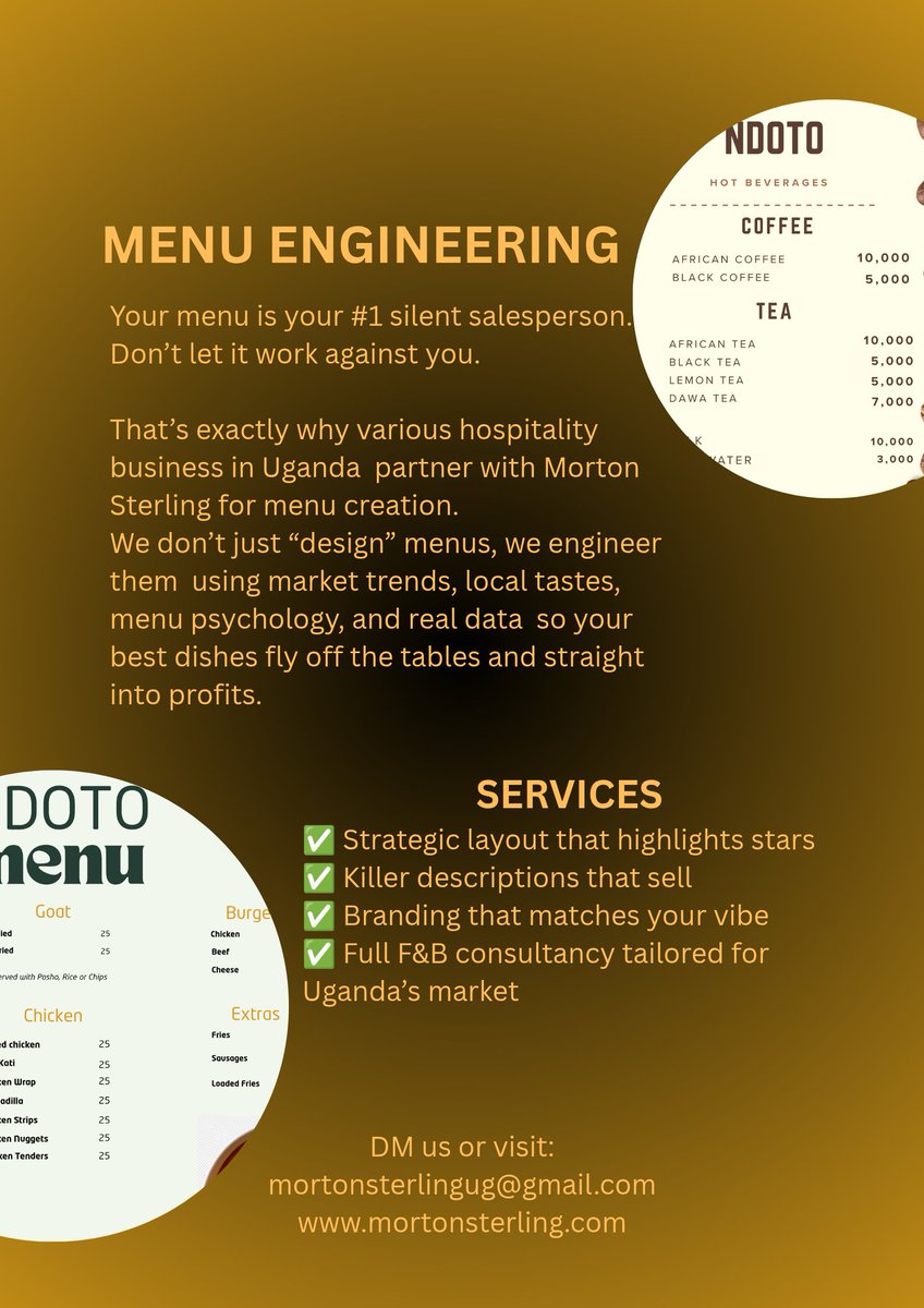 MortonStrlingUg's tweet photo. In Kampala’s fast-moving food scene, your menu isn’t just a list of dishes, it’s your biggest sales tool, brand billboard and profit engine. Morton Sterling helps restaurant owners craft the most ideal menus for their businesses. #MortonSterling #HospitalityUg #MenuEngineering https://t.co/lXYDZktywe