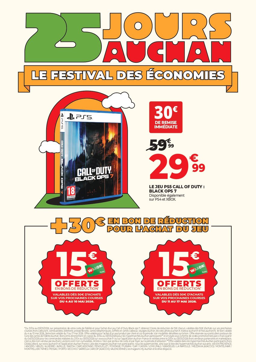 Geekify_fr's tweet image. 🔥Auchan – 25 Jours🔥

Call of Duty Black Ops 7 (PS5) passe à 29,99€ au lieu de 59,99€, soit 30€ de remise immédiate.

En bonus, 30€ en bons d’achat offerts (2x15€) à utiliser sur vos prochaines courses.

👉 rflsnk.link/Zko3IIGq

#BonPlan