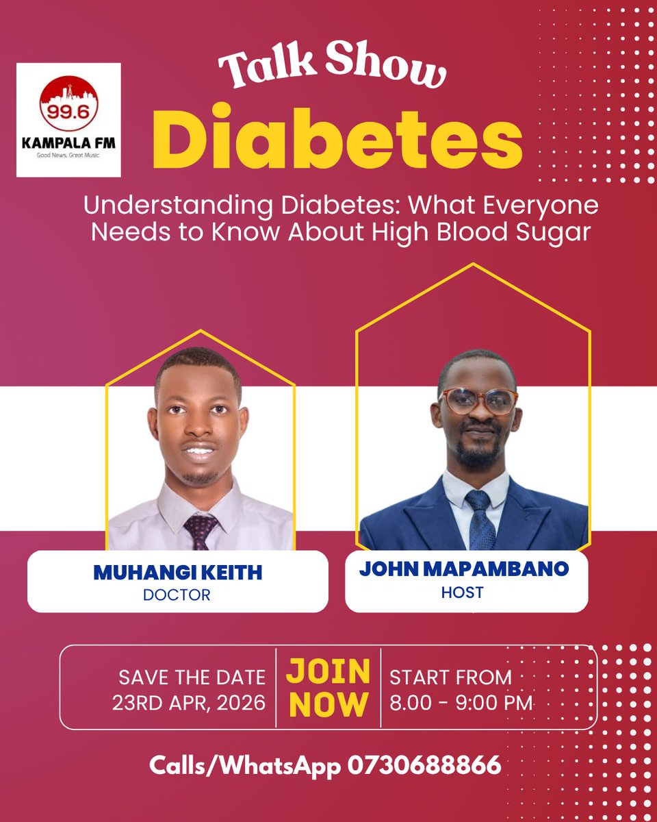 mapam50096's tweet photo. Understanding diabetes starts with awareness.

Join us this Thursday as we talk prevention and healthier ways to manage it for those living with it.

Tune in on Kampala FM 99.6. https://t.co/x6rdt9ZoW7