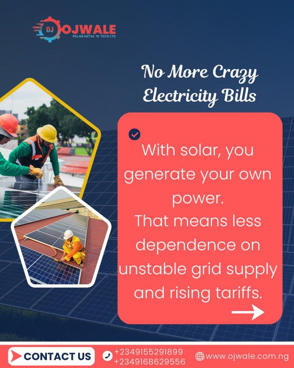 Ojwale_solar's tweet image. Fuel + electricity bills = money gone 💸

Solar helps you:
• Cut fuel costs
• Reduce electricity bills
• Avoid tariff hikes
• Save long-term

Stop renting power. Start owning it.

DM us to get started 

#Solar #SaveMoney #salı #MilenaCampeã #Markets #18Abr #TheWeekndEnMéxico