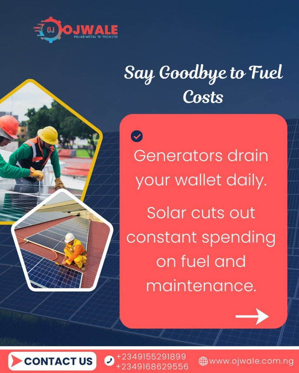 Ojwale_solar's tweet image. Fuel + electricity bills = money gone 💸

Solar helps you:
• Cut fuel costs
• Reduce electricity bills
• Avoid tariff hikes
• Save long-term

Stop renting power. Start owning it.

DM us to get started 

#Solar #SaveMoney #salı #MilenaCampeã #Markets #18Abr #TheWeekndEnMéxico