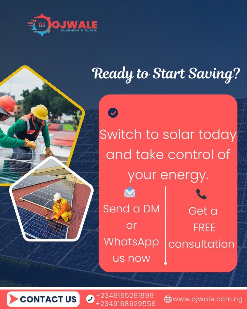 Ojwale_solar's tweet image. Fuel + electricity bills = money gone 💸

Solar helps you:
• Cut fuel costs
• Reduce electricity bills
• Avoid tariff hikes
• Save long-term

Stop renting power. Start owning it.

DM us to get started 

#Solar #SaveMoney #salı #MilenaCampeã #Markets #18Abr #TheWeekndEnMéxico