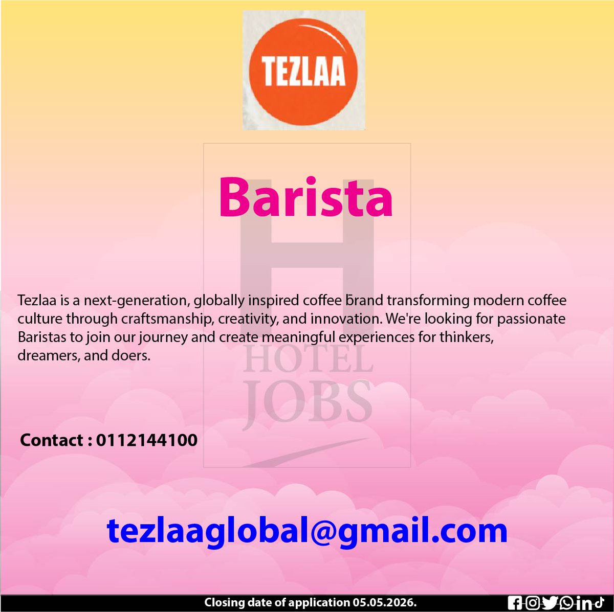 hotel_jobs_lk's tweet image. Tezlaa Vacancy Announcement.
Refer the advertisement for details.
Closing date of applications 05.05.2026.
Location - No, 58D, Colombo-Avissawella Road, Welivita, Kaduwela
Contact : 0112144100
#vacancies #hoteljobs #HotelVacancies #resorts #cafe #tourism