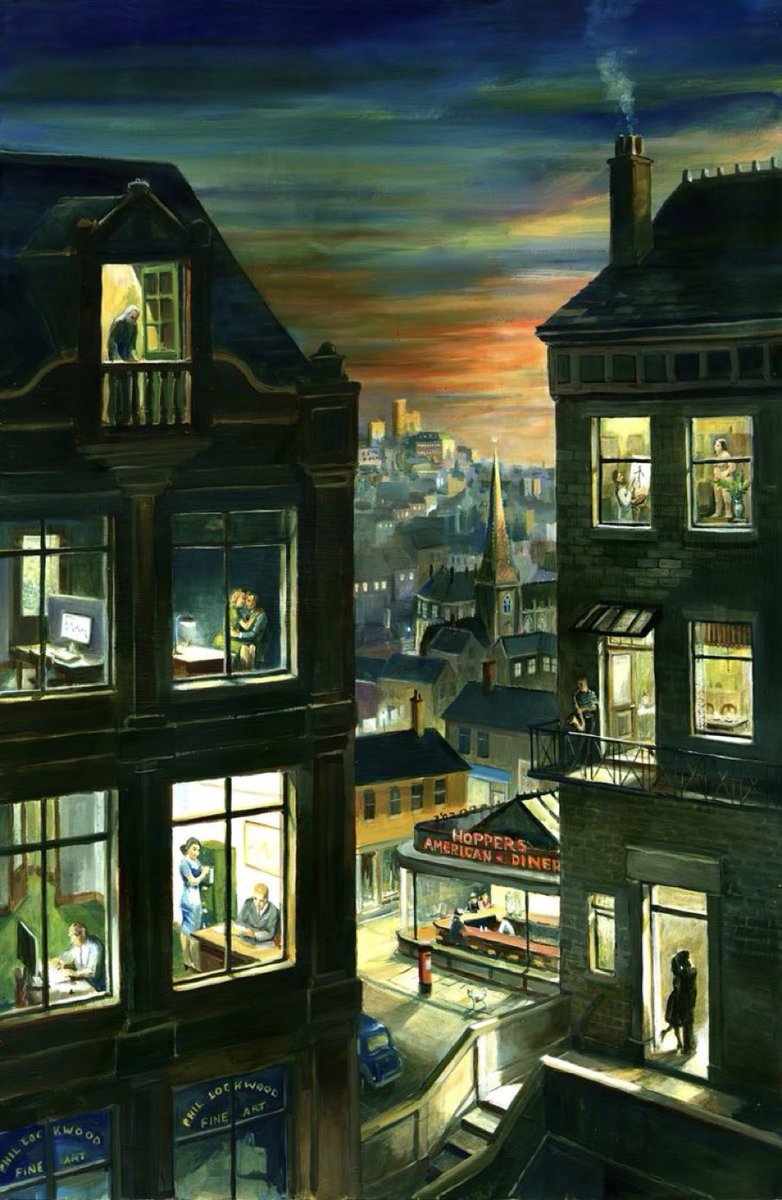 "La Oficina de Noche", un homenaje a Edward Hopper del artista británico Phil Lockwood. Si amplías la imagen, verás que cada ventana es una pintura de Hopper.