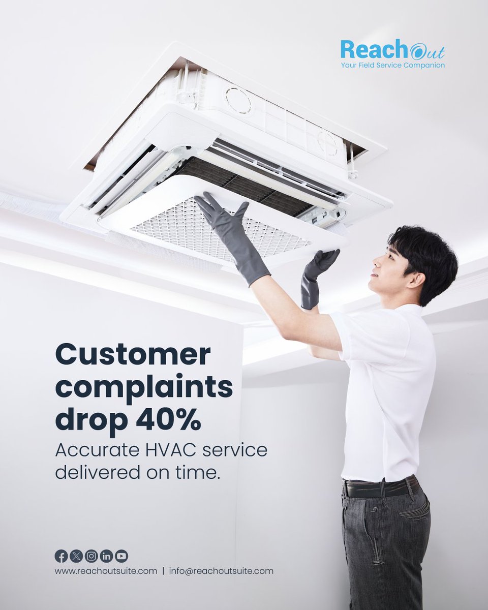 ReachOutSuite's tweet image. Customer complaints ↓ 40%
Accurate HVAC service, delivered on time.

Upgrade your field service operations today 
👉reachoutsuite.com/hvac-service-s…

#HVAC #FieldService #CustomerExperience #FSM #ServiceEfficiency #ReachOutSuite