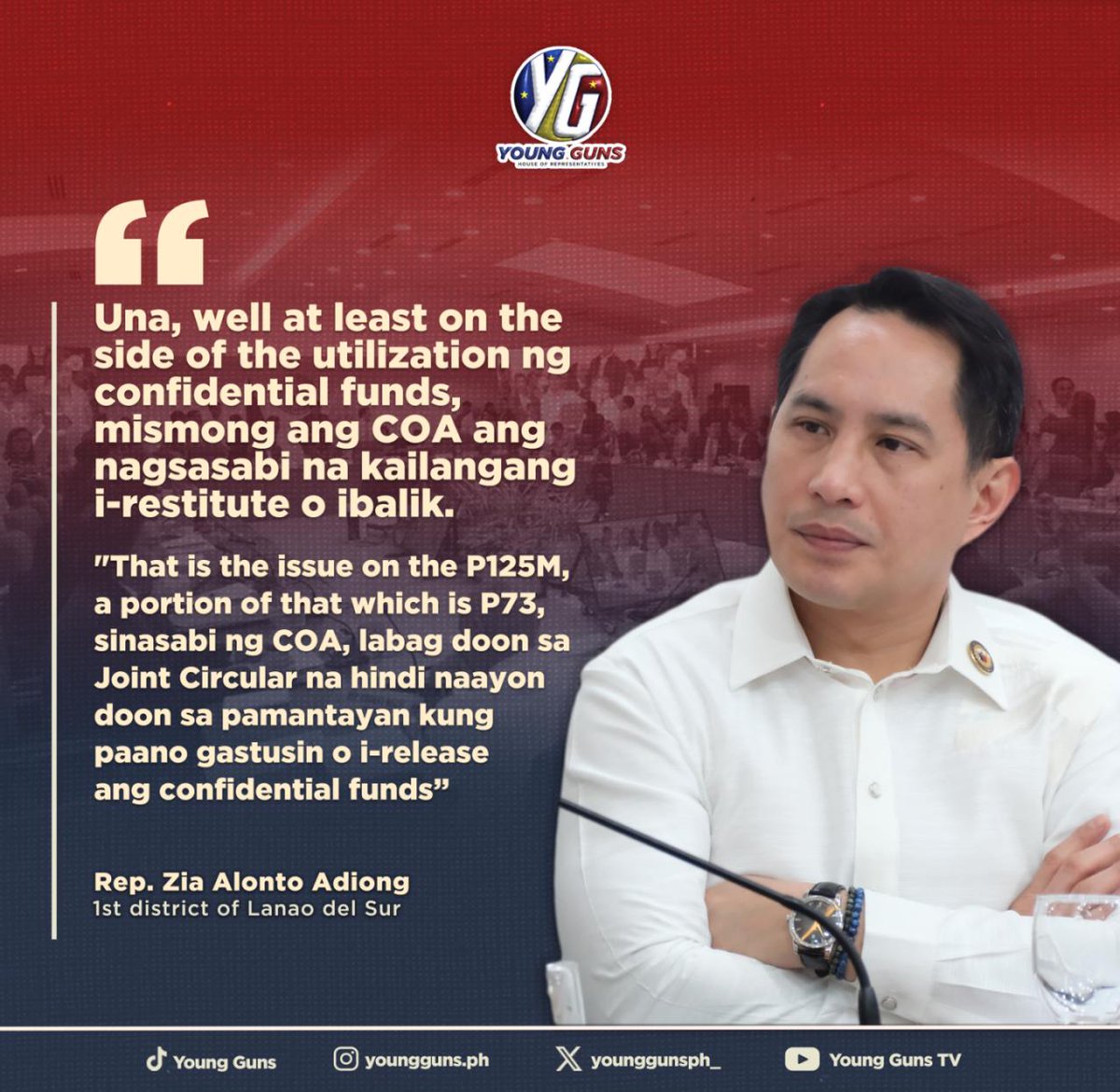 Rep. Zia Alonto Adiong: COA final ruling on P73M confidential funds backs ‘betrayal of public trust’ allegation vs VP Sara

A final ruling by the Commission on Audit (COA) ordering the return of P73 million in confidential funds strengthens allegations of betrayal of public trust