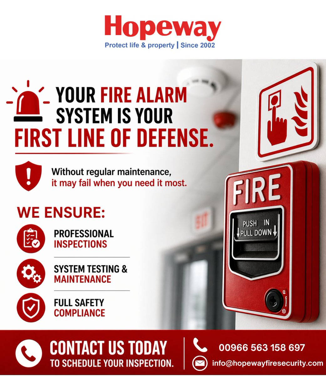 HopewaySafety's tweet image. Your fire alarm system is your first line of defense.

Contact us today to schedule your inspection.

Email: info@hopewayfiresecurity.com 
Website: hopewayfiresecurity.com

#FireSafety #FireProtection #FacilityManagement #civildefense