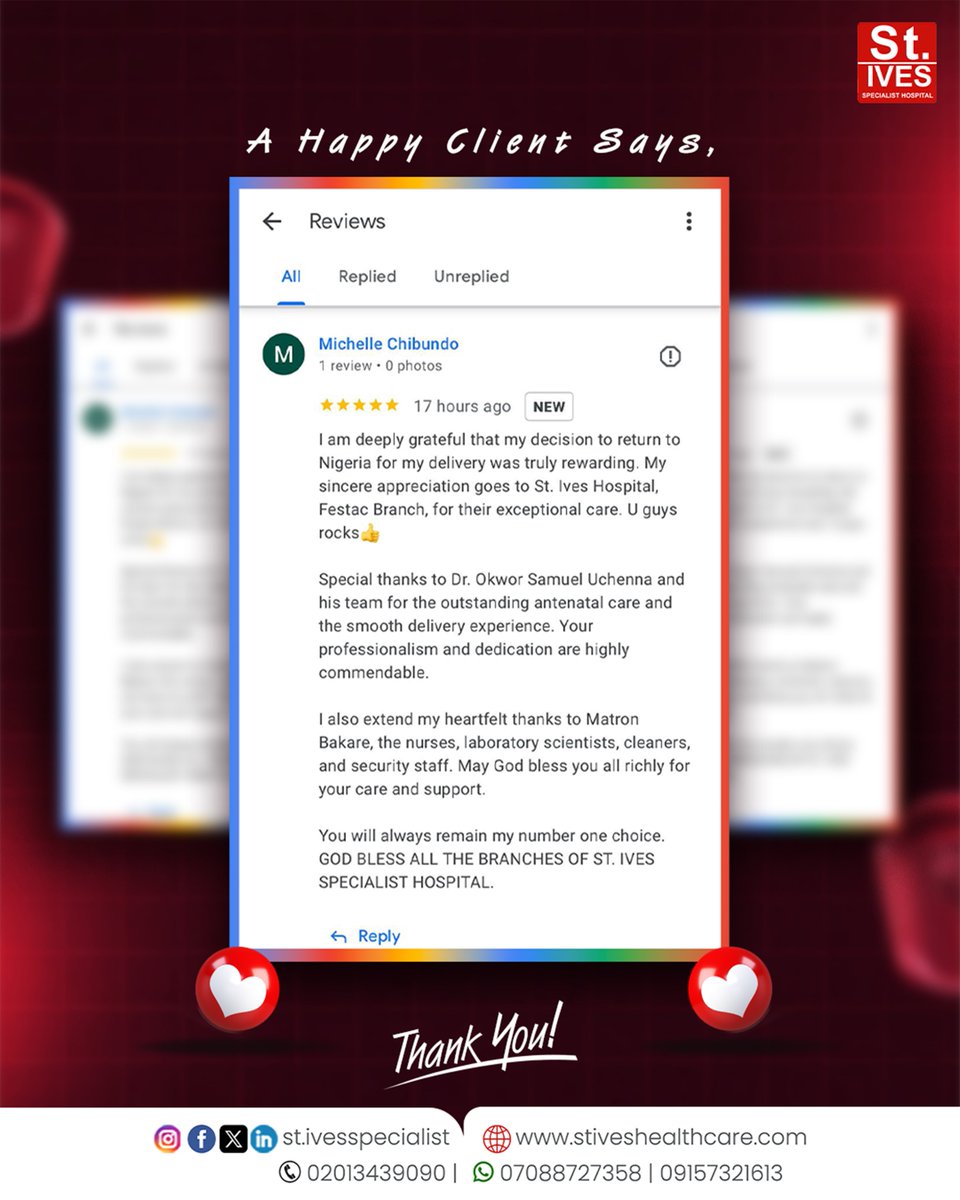 A patient returned to Nigeria for delivery… and called the experience “truly rewarding.” 💙

Kudos to Dr. Okwor Samuel Uchenna &amp; CNO Nurse Bakare for outstanding care 👏🏽

This is what excellence looks like.
👉🏽 Swipe to read the full review
#StIvesHealthcare #PatientExperience