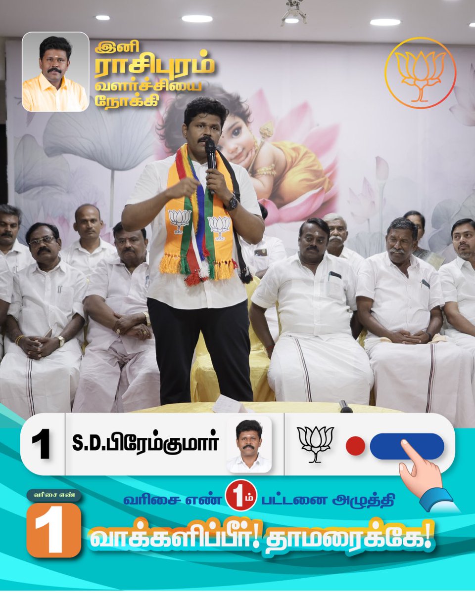 drpremkumarbjp's tweet photo. ராசிபுரம் சட்டமன்ற தொகுதியில் போட்டியிடும் வெற்றி வேட்பாளர் S.D.பிரேம்குமார் அவர்களுக்கு, வரிசை எண் 1 முதல் பட்டனை அழுத்தி வாக்களிப்பீர்!!

நமது தாமரை சின்னத்தில் வாக்களித்து வெற்றி பெறச் செய்வீர்.

#rasipuram #bjp #bjprasipuram #voteforpremkumar #admk https://t.co/OdahPxcqZL