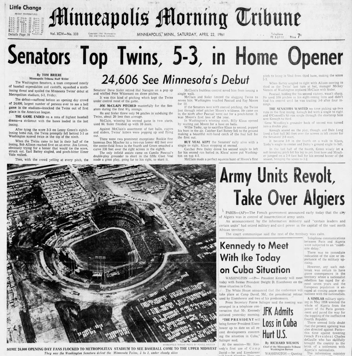 WHENESOTA's tweet image. #OTD in #Minnesota Sports History (1961) The #MNTwins play their first game at Metropolitan Stadium, losing 5-3 to the new expansion Senators who had replaced the old Senators/Twins when they left Washington. #MLB newspapers.com/clip/100171087/
