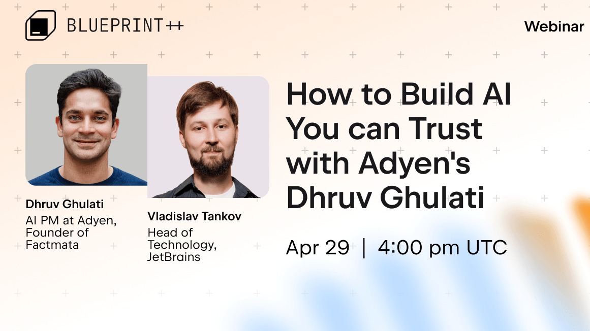 jetbrains's tweet photo. What does it take to make trustworthy AI?
Adyen's Dhruv Ghulati has developed products to detect fraud, catch misinformation, and power payments. On April 29, 4 pm UTC, he’ll share advice on governance, success metrics, and building trustworthy AI.
👉 Join us!