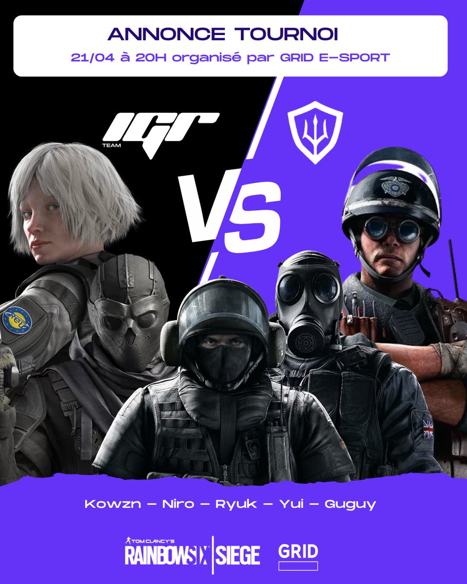 TeamIguru's tweet photo. A 20h on joue. 
le tournoi Rainbow Six Siege organisé par @GRIDesports : on affronte @EquallyEsport 
Équipe amateur alsacienne.
Voici les joueurs
 Kowzn @user63ib @Ryuk_n_ @raffffgrn @ArnouldBaptiste 
👉 Tag un pote qui joue R6 avec toi depuis la saison 1 
#R6FR #IGuruEsport https://t.co/1U0dX3ErId