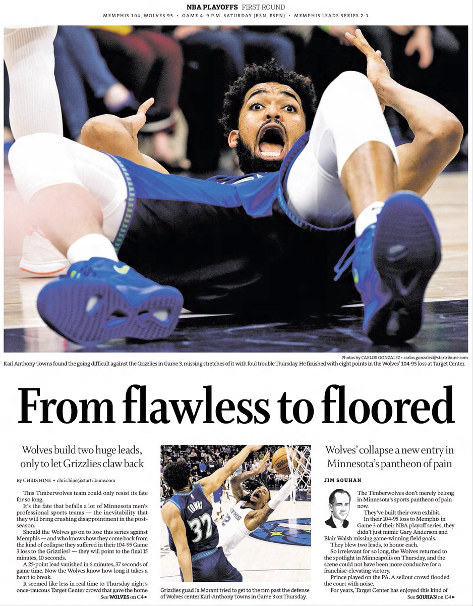 WHENESOTA's tweet image. Also #OTD in #Minnesota Sports History (2022) The #RaisedByWolves blow two, YES TWO, double digit leads (26, 25) in a 104-95 loss to Memphis during game 3 of the first round of the #NBAPlayoffs. newspapers.com/clip/123233606/