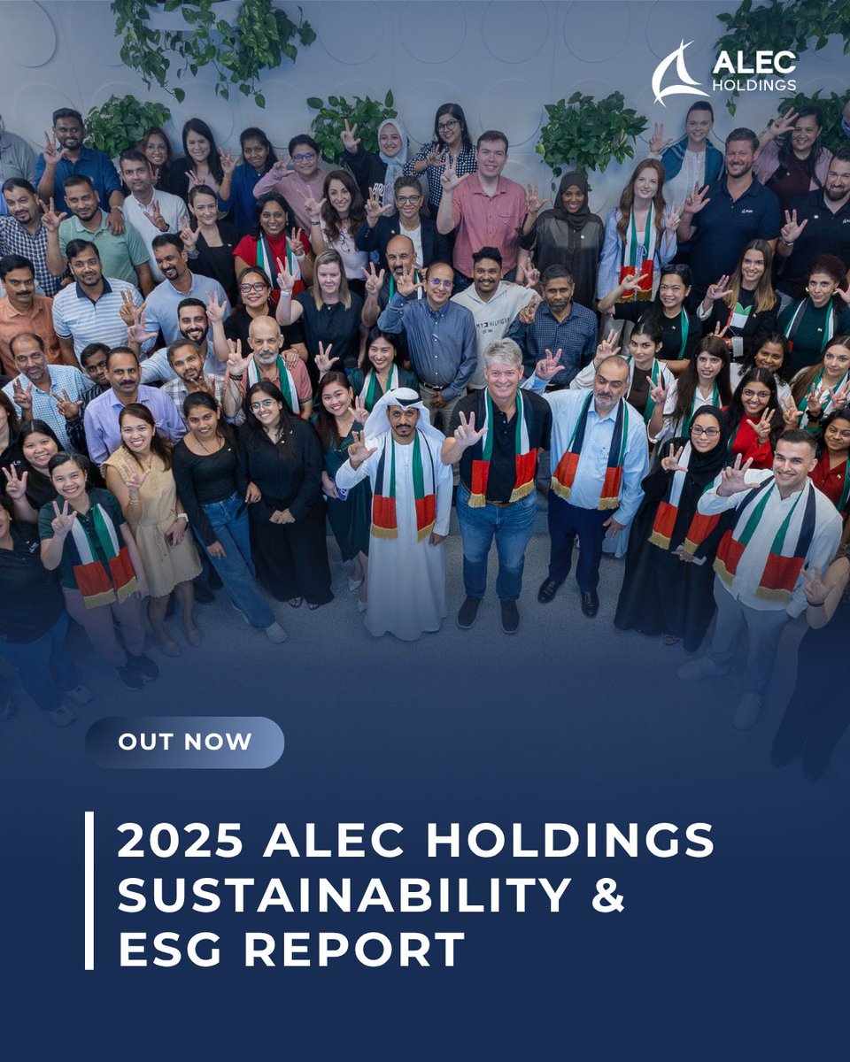 ALECBuilding's tweet photo. ALEC Holdings strengthened its commitment to responsible building and future-ready operations in 2025, through enhanced governance, safety performance, expansion of offsite construction facilities and LEED certifications across major offices. Our published 2025 Sustainability & ESG report details the measurable progress made across environmental, social, and governance pillars.  

Read the full report here: https://t.co/WbyrYI397D 

We extend our gratitude to our teams, clients, and partners, whose dedication and collaboration make these achievements possible.

Key Highlights:

Environment:
• ALEC Holdings Corporate Office achieved LEED Platinum, and the ALEMCO Corporate Office and ALEC Dubai Industrial City Yard earned LEED Gold. 
• ISO 14001:2015 covers all operations, with 69% of waste diverted from landfill and 6.421 MWp of solar capacity installed across assets and active projects. 
• Our offsite construction facility expanded with ALEMCO MEP modules being fabricated across four facilities, complementing Target Steel Industries’ and LINQ Modular’s offsite fabrication offerings.

Social:
• Lost-time injury frequency was 0.097 per million man-hours, while ISO 45001:2018 covers all operations. 
• Over 8,000 workers were trained, more than 250 were promoted to staff roles, and 11,000+ beneficiaries were reached through community impact projects. 
• 99% close-out rate on worker welfare issues.

Governance: 
• ISO 9001:2015 covers all businesses. 
• 100% closure rate of cases reported on whistleblowing platform ALEC Alert, and 3,132 vendors certified compliance with Vendor Code of Conduct. 
• Recognised with EcoVadis ‘Committed’ badge and Dubai Chamber ESG Label (Advanced Maturity)

#ALECHoldings #ESG2025 #Sustainability #BuildingTogether #ALECESGReport #ESG